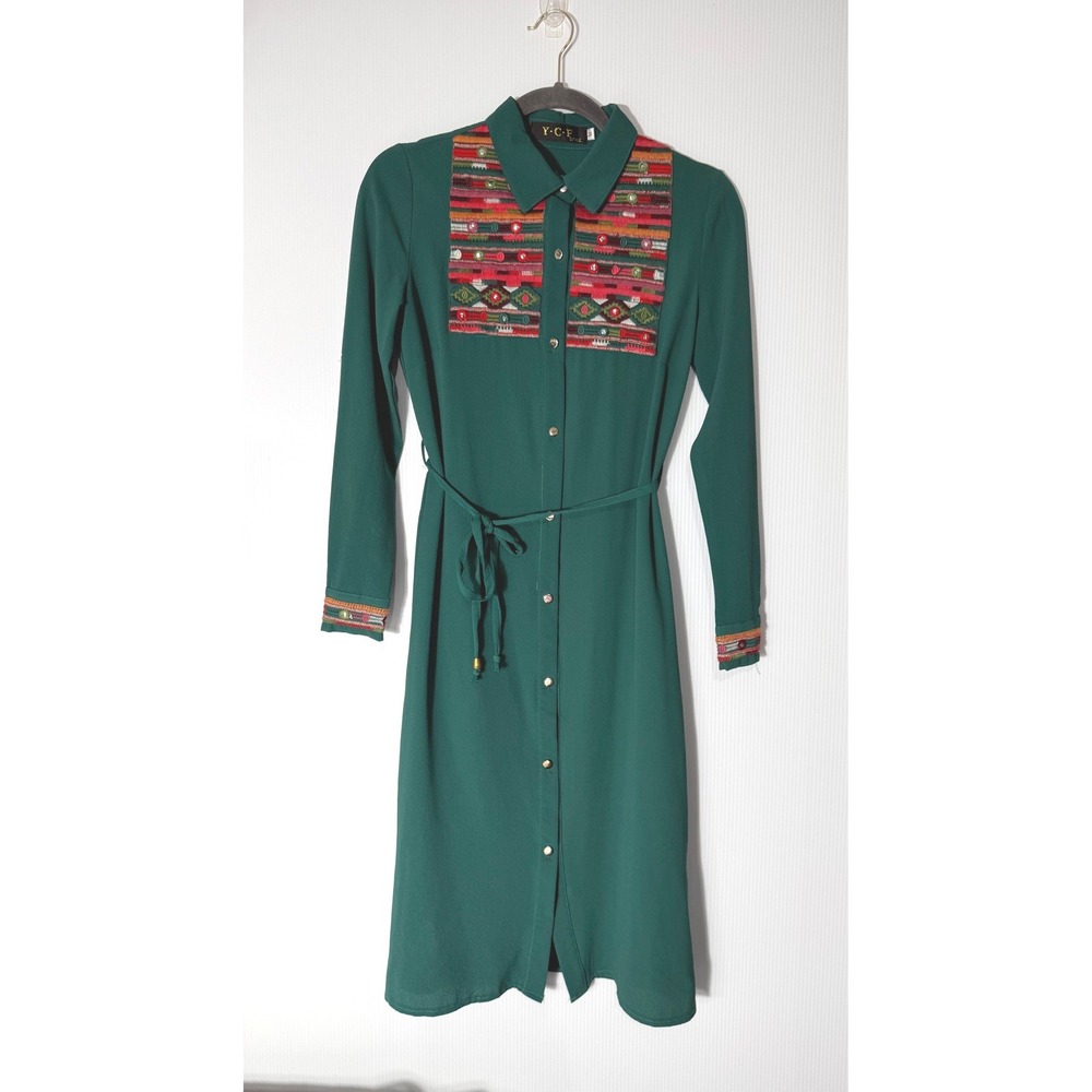 YCF Style Green Embroidered Shirt Dress Boho Western‎ Belted Midi Dress Medium